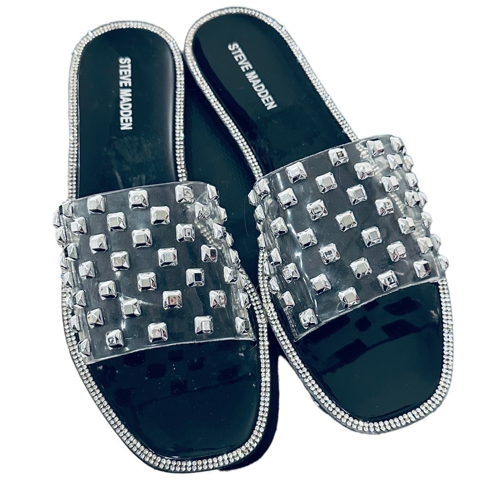 New! Steve Madden Jynn Black Jelly Slide Studs Jeweled Size 9 - Picture 3 of 9